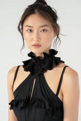 Portrait of a pretty young woman super model of Chinese ethnicity wearing an elegant black midi dress with a halter neckline, open back, and subtle ruffle detailing