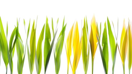 fresh green yellow grass blades in a row with selective blur isolated on white background texture...