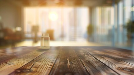 Table with blur background of corporate office conference room with glass interior for office product place on the table defocus office background The office table made of wood Corpora : Generative AI - obrazy, fototapety, plakaty