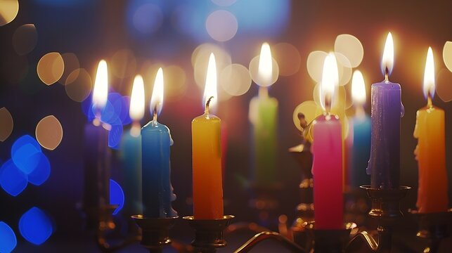 Hanukkah menorah or hanukkiah with colored candles is out of focus Jewish holiday Hanukkah background Hanukkah lamp ninebranched candelabrum is out of focus Blurred background : Generative AI