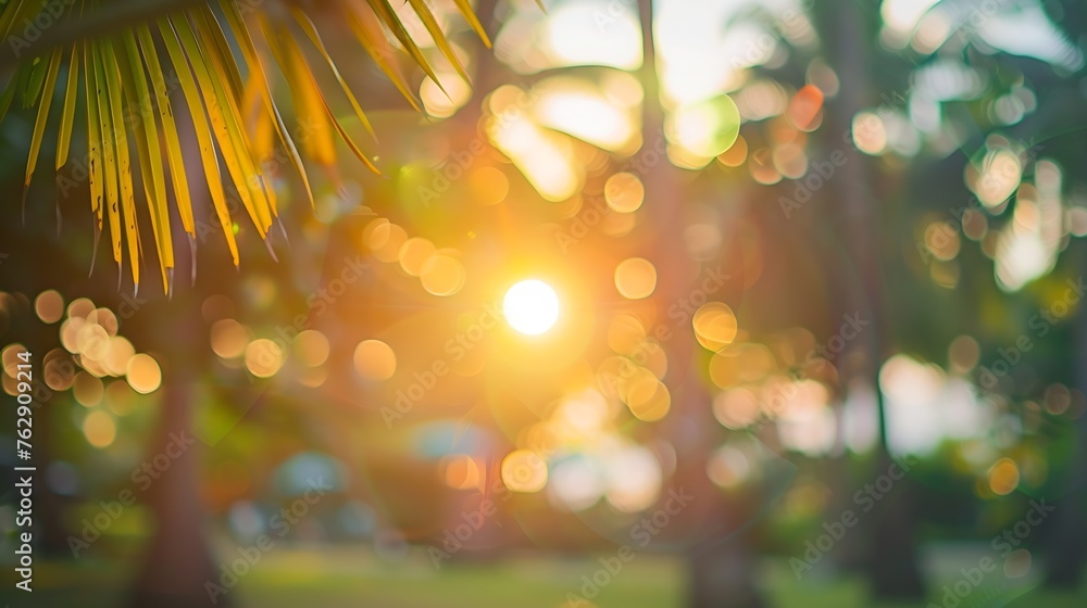 Poster blur nature bokeh green park by beach and tropical coconut trees in sunset time : generative ai