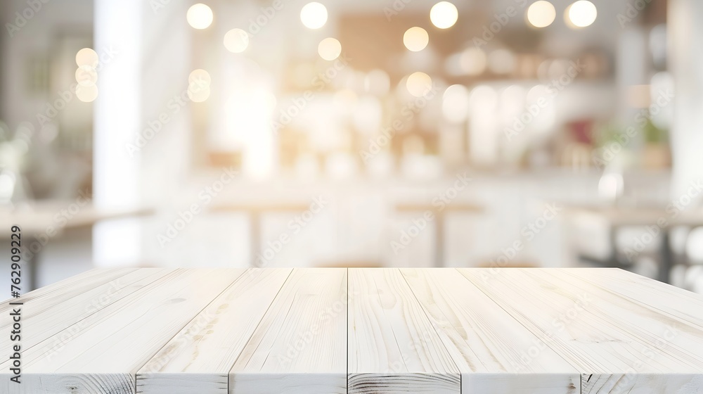 Poster Vertical white table presentation desk and blur background Empty wood counter shelf surface over blur restaurant white bokeh background Wood table top for retail shop store product dis : Generative AI