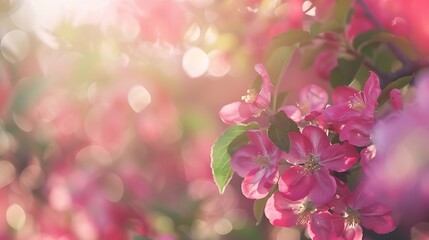 defocused bokeh background of apple garden with blossoming trees  in sunny day backdrop : Generative AI