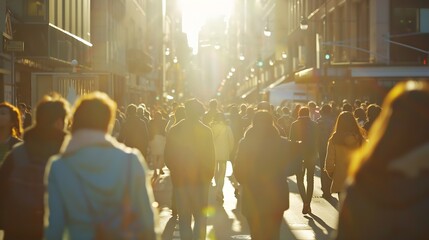 Crowd of anonymous people walking on sunny streets in the city : Generative AI