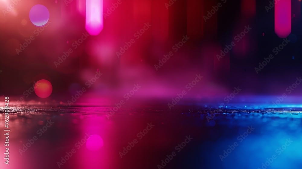 Poster Neon blur glow Color light overlay Disco illumination Defocused blue pink red ultraviolet radiance soft texture on dark black abstract empty space background : Generative AI
