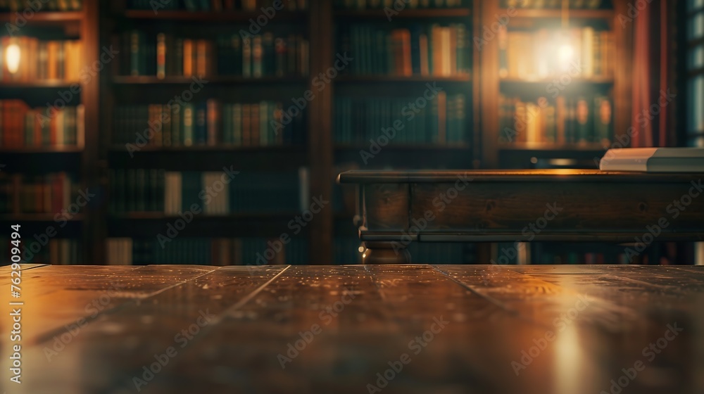 Poster library with table desk and bookshelf abstract blur defocused background : generative ai