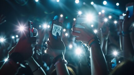Many fun people lift hand up hold cell phone flash light Fan crowd wave flashlights Epic live music concert atmosphere Big open air k pop arena Cool night fest Lot joy men hang out Kpo : Generative AI