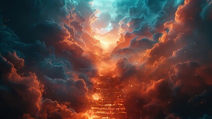 Stairway to heaven in heavenly concept. Religion background. Stairway to paradise in a spiritual concept. Stairway to light in spiritual fantasy. Path to the sky and clouds. God light - obrazy, fototapety, plakaty
