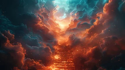 Foto op Canvas Stairway to heaven in heavenly concept. Religion background. Stairway to paradise in a spiritual concept. Stairway to light in spiritual fantasy. Path to the sky and clouds. God light © Jennifer