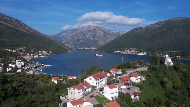 Aerial View of Kotor Bay, Kamenari Ferry Port and Coastal Villages, Montenegro