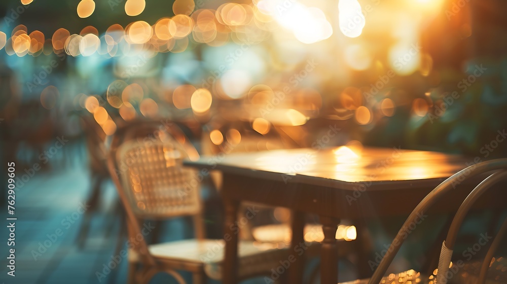 Poster Blurred bokeh of the dining tables and chairs in vintage style image : Generative AI
