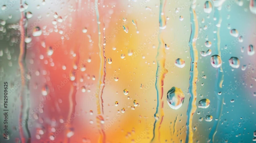 Aufkleber closeup through window of rainy day with water dripping down glass against blurred colorful backgrou