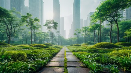 Amidst the urban sprawl, rustic green buildings with rooftop farms as beacons of sustainable living, merging old-world charm with eco-innovation.
