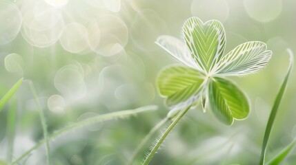 One fourleaf white clover with a blurred background of fresh spring grass Fourleaf clover as a symbol of happiness and good luck Green leaf with white lines on it Light green blurred b : Generative AI