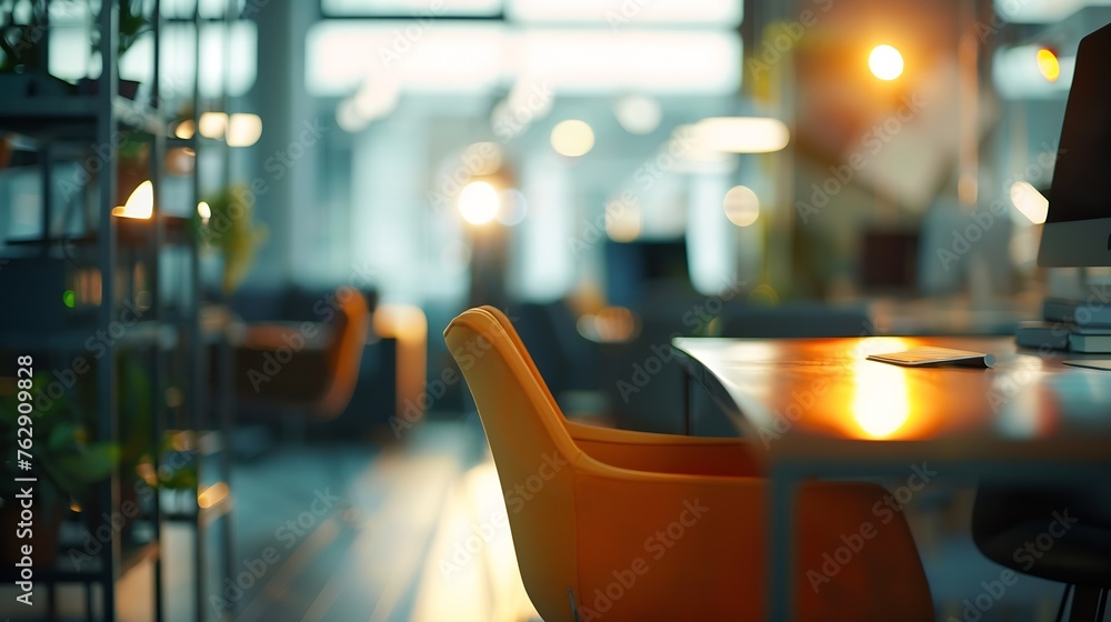 Aufkleber Modern business office without people with blurred bokeh background tables chairs computers copy space High quality photo : Generative AI