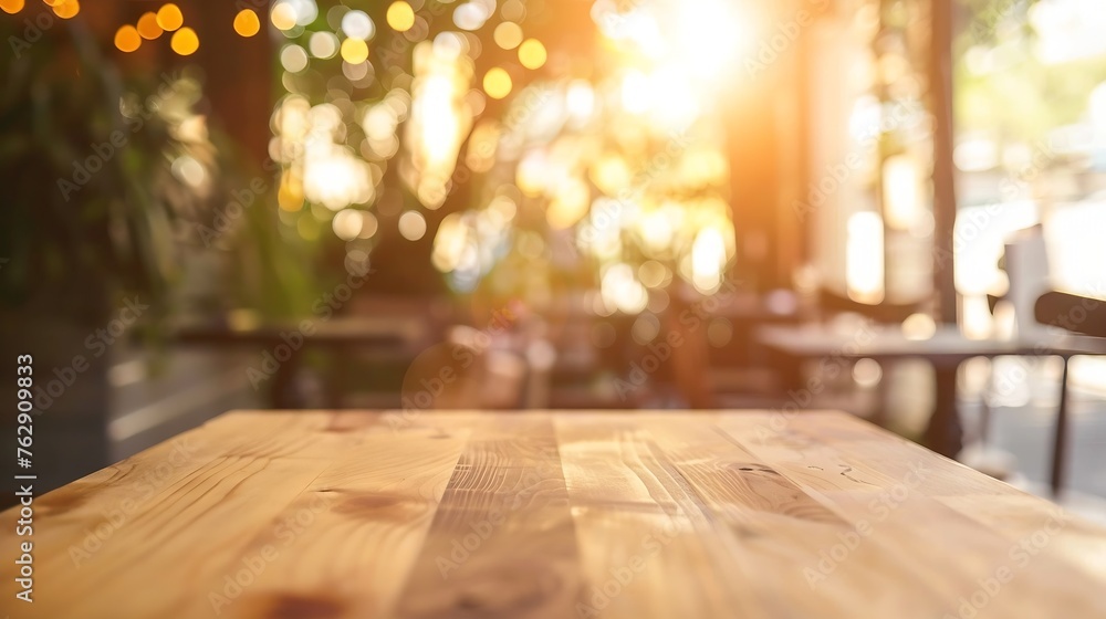 Fototapete empty wooden table in front of abstract blurred background of coffee shop wood table in front can be