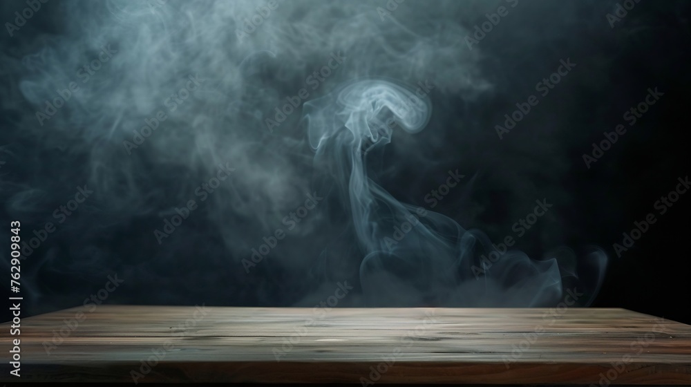 Aufkleber On a black background an empty wooden table with smoke floats up Empty space for displaying your products with a smoke float up on a dark background Space available for displaying your : Generative AI