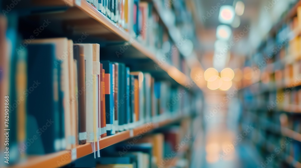 Poster abstract blurred public library interior space blurry room with bookshelves by defocused effect use 