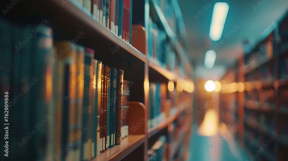 Poster blurred image for background of many books on bookshelf in library : generative ai