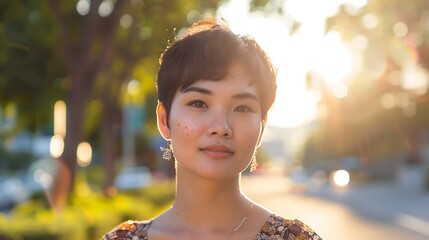 Cheerful asian transgender woman with short hair and with pimples on face looking at camera while standing on blurred background of road and park in city : Generative AI - obrazy, fototapety, plakaty