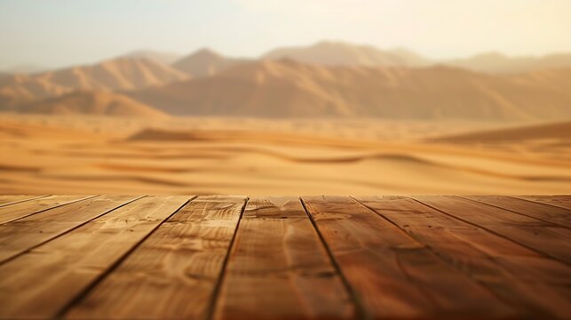 The empty wooden brown table top with blur background of desert dune mountain Exuberant image : Generative AI