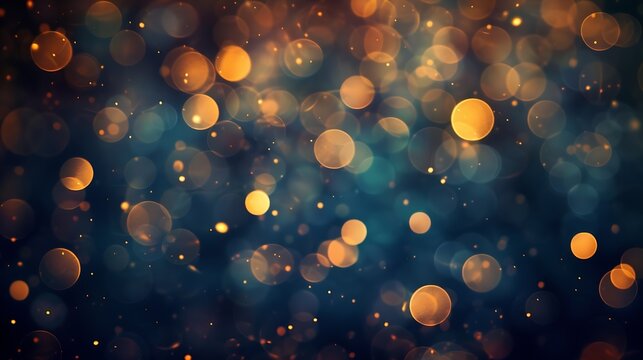 Festive abstract defocused Background with bokeh lights photographic effect Golden Christmas light spots on dark blue background defocused Beautiful Blurred Holiday Texture for design : Generative AI