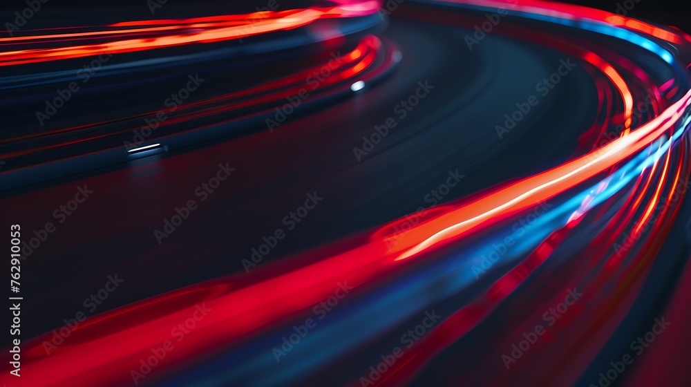 Poster speed light line motion blur on dark background data transfer simulation blue to red lights : Generative AI