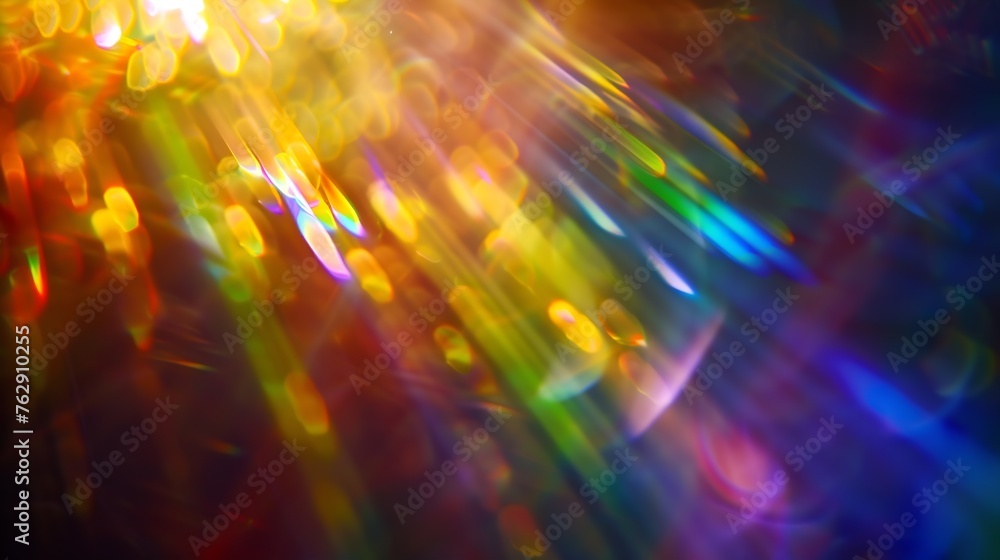 Aufkleber rainbow light effect from sun flares on black background colorful glare and shine light rays on spar