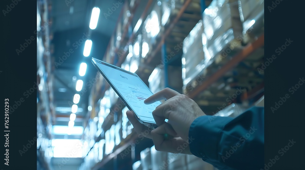 Poster smart warehouseinventory management system conceptmanager using digital tabletshowing warehouse soft