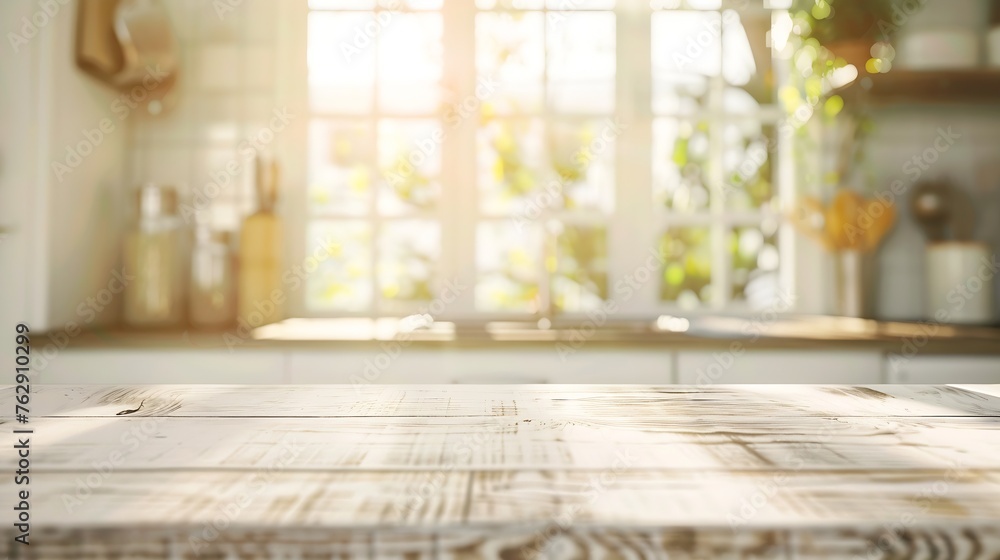 Poster bleached wooden table top on blurred kitchen summer window background : generative ai