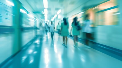 blurred for background blurred figures of doctors and nurses in a hospital corridor Doctors and nurses walking in hospital hallway blurred motion Moving human figure in the clinic corr : Generative AI