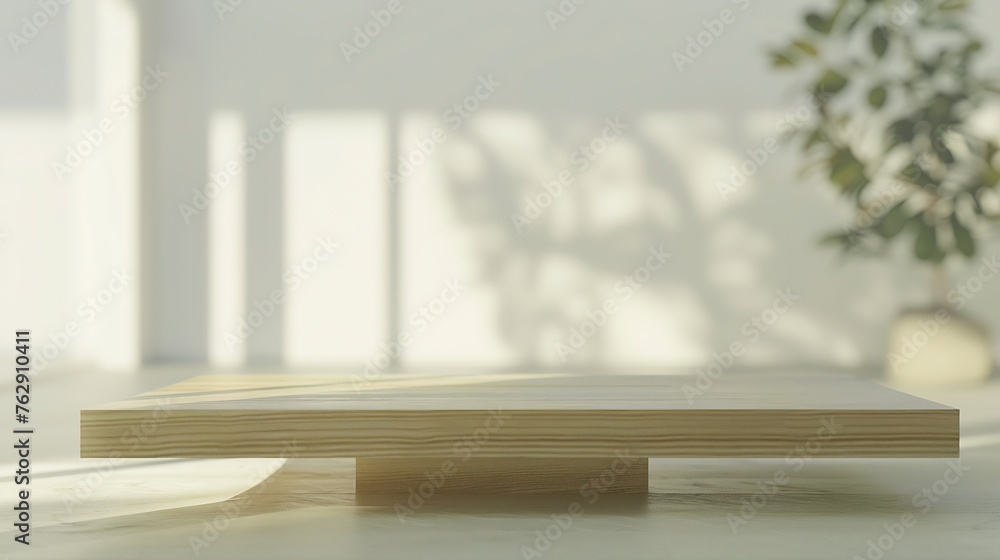 Poster empty wooden table on background of abstract blur white interior montage product display inside and 