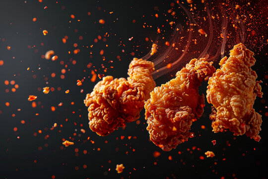 Crispy fried chicken floats appetizingly on a red spiciness that shoots out from a black background.