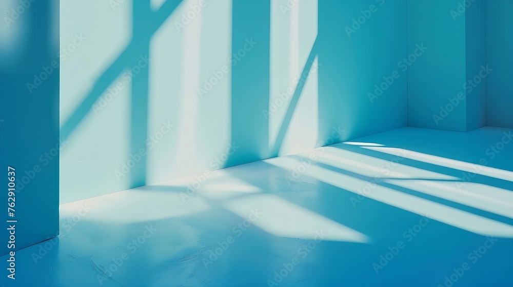 Poster Minimalistic simple abstract light blue background for product presentation Shadow and light from windows on wall : Generative AI