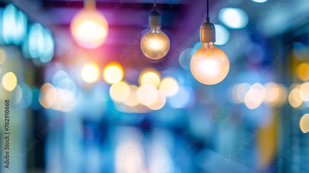 Aufkleber abstract blur image background of shopping mall with light bokeh and flare light bulb : Generative AI