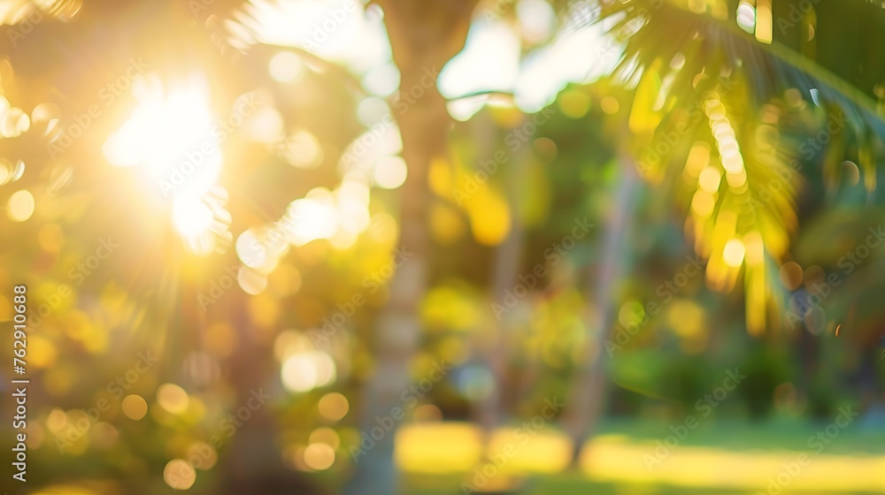 Poster blur nature bokeh green park by beach and tropical coconut trees in sunset time : generative ai