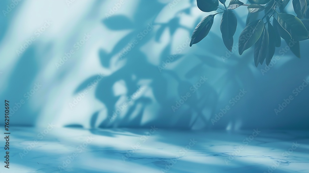 Poster Minimalistic light background with blurred foliage shadow on a light blue wall Beautiful background for presentation with with marble floor : Generative AI