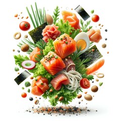  Falling salmon poke ingredients, traditional Hawaiian raw fish salad with wakame seaweeds isolated on white background with clipping path