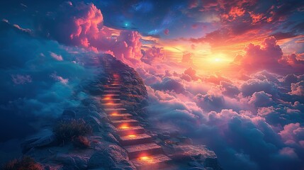 Stairway to heaven in heavenly concept. Religion background. Stairway to paradise in a spiritual concept. Stairway to light in spiritual fantasy. Path to the sky and clouds. God light - obrazy, fototapety, plakaty