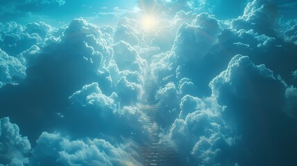 Fototapeta na wymiar Stairway to heaven in heavenly concept. Religion background. Stairway to paradise in a spiritual concept. Stairway to light in spiritual fantasy. Path to the sky and clouds. God light