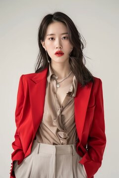 Portrait of a pretty young woman super model of Korean ethnicity showcasing a timeless red blazer paired with tailored trousers, a silk blouse, and statement accessories