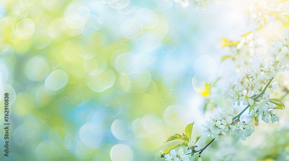 Aufkleber beautiful blurred spring background nature with blooming glade trees and blue sky on a sunny day : g