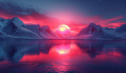 Fototapeta na wymiar Sunrise over the lake with mountains. Created with Ai
