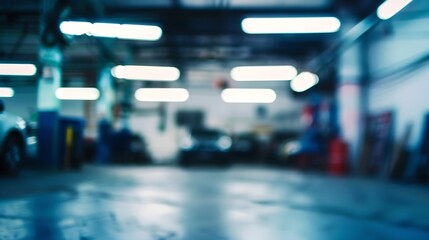 Abstract blur car garage automobile interior Blurred mechanic service centre auto repair workshop soft defocused Blurry car care station background : Generative AI - obrazy, fototapety, plakaty