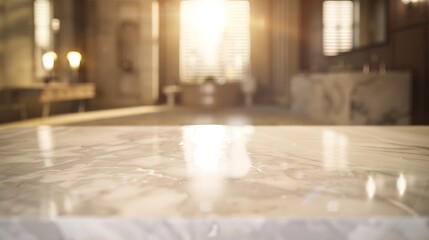 Empty marble top table with blurred bathroom interior Background for product display montage : Generative AI