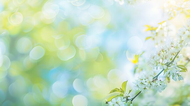 Beautiful blurred spring background nature with blooming glade trees and blue sky on a sunny day : Generative AI