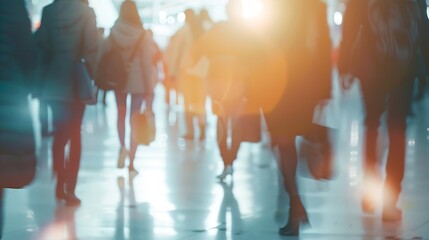 Anonymous blurred crowd of business people walks by gear on a trade fair or in an airport : Generative AI