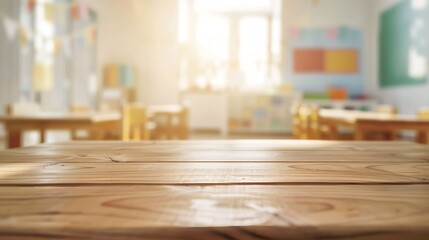 Blank wooden table top on blurred schoolchild room interior background : Generative AI