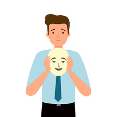 Man hiding face behind social mask with fake positive emotion. Sad man disguising real emotion and feeling.