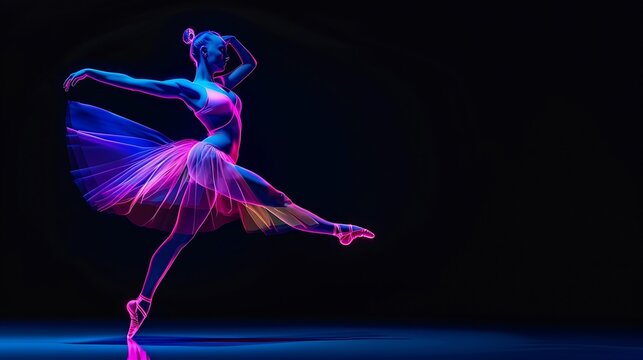 Dance of light and glow Beautiful grace girl female ballet dancer dancing isolated over black background in mixed neon light Art motion action flexibility creativity and ad concept : Generative AI